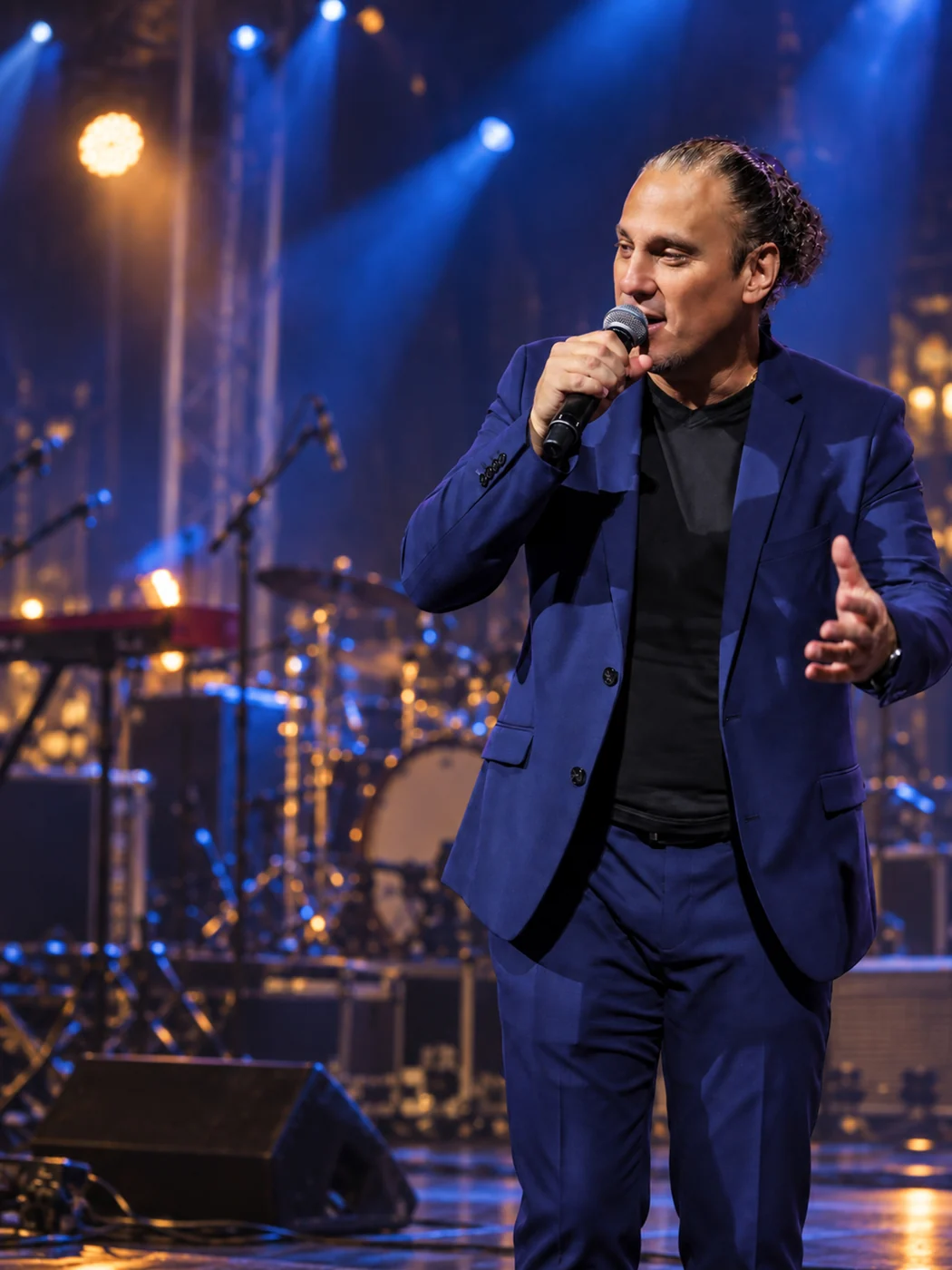 Meddy Gerville on stage with a microphone