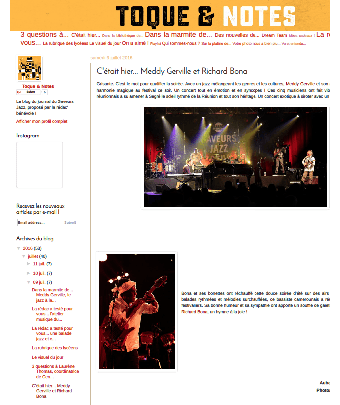 Toque & Notes C&rsquo;était hier… Meddy Gerville et Richard Bona